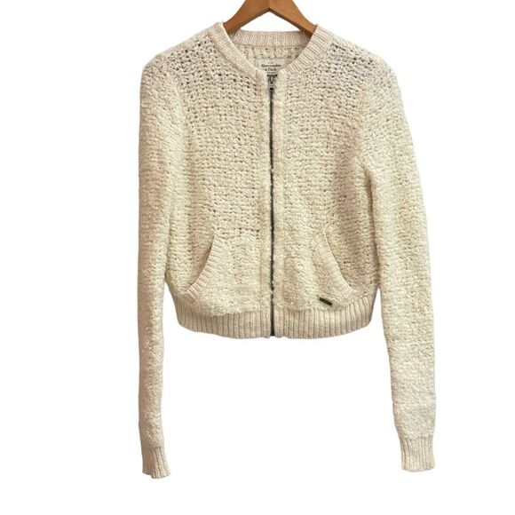 Abercrombie and Fitch Sherpa Knit Teddy Beige Bomber Jacket with Pockets Small - Picture 1 of 7